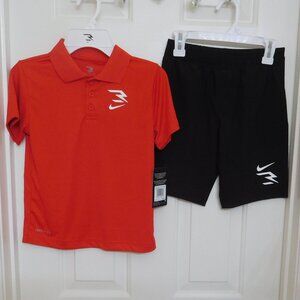 NWT 2pc Nike 3 Brand Red Polo Shirt & Black Shorts Set sz 7